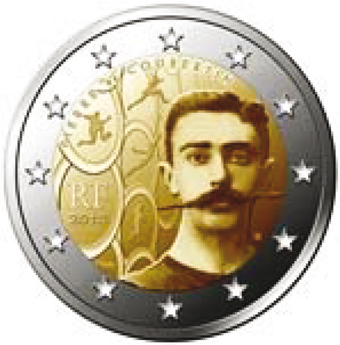 2 Euromünze aus Frankreich mit dem Motiv 150. Geburtstag von Pierre de Coubertin