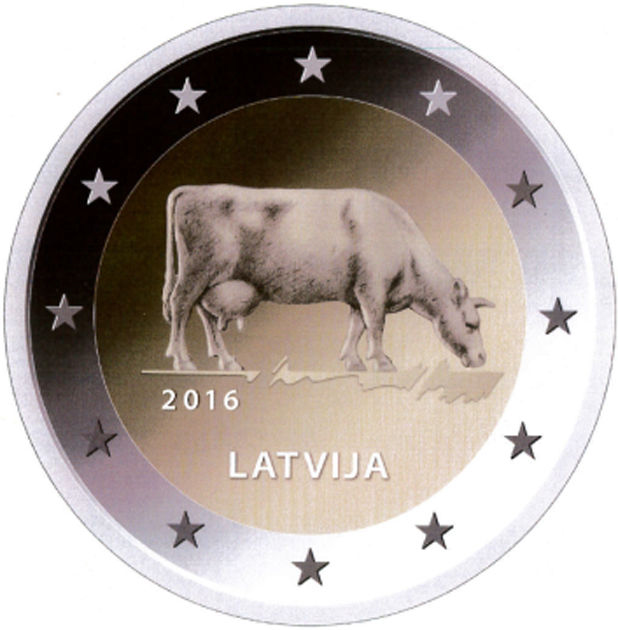 2 Euro Sondermünze aus Lettland mit dem Motiv Geschichte der lettischen Landwirtschaft