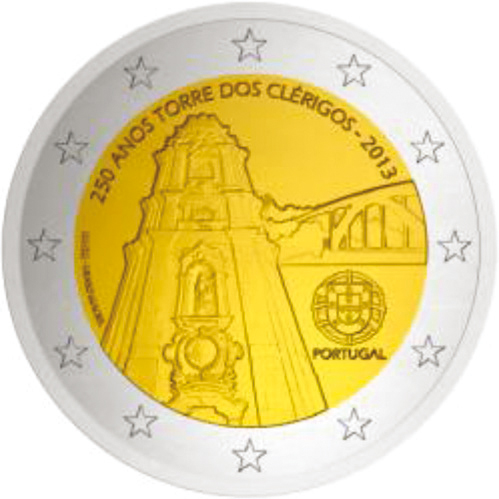 2 Euromünze aus Portugal mit dem Motiv 250. Jahrestag der Erbauung des Torre dos Clérigos
