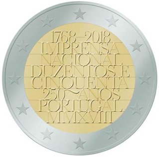 2 Euro Sondermünze aus Portugal uit 2018 mit dem Motiv 250 Jahre Imprensa Nacional