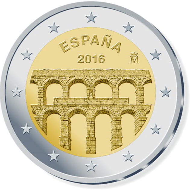 2 Euro Sondermünze aus Spanien mit dem Motiv Altstadt von Segovia und Aquädukt