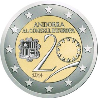 2 Euro Sondermünze aus Andorra mit dem Motiv 20 Jahre Mitgliedschaft im Europarat