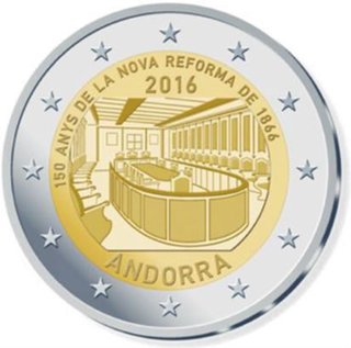 2 Euro Sondermünze aus Andorra mit dem Motiv 150-jähriges Jubiläum der Neuen Reform von 1866