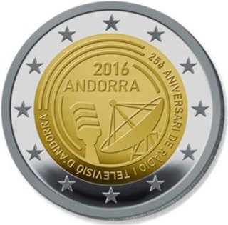 2 Euro Sondermünze aus Andorra mit dem Motiv 25 Jahre öffentlich-rechtlicher Rundfunk in Andorra