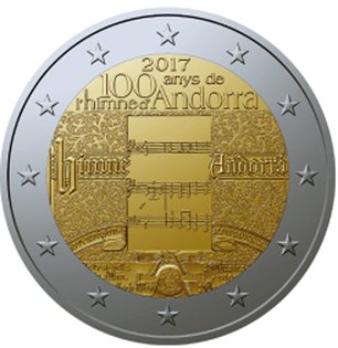 2 Euro Sondermünze aus Andorra mit dem Motiv 100 Jahre Hymne Andorras