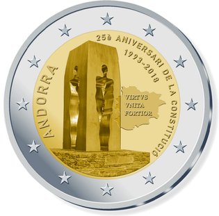 2 Euro Sondermünze aus Andorra mit dem Motiv 25. Jahrestag der Verfassung von Andorra