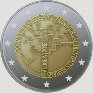 2 Euro Sondermünze aus Andorra mit dem Motiv 70. Jahrestag der Allgemeinen Erklärung der Menschenrechte