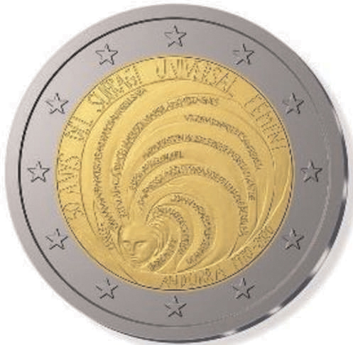 2 Euro Sondermünze aus Andorra aus 2020 mit dem Motiv 50 Jahre Allgemeines Frauenwahlrecht