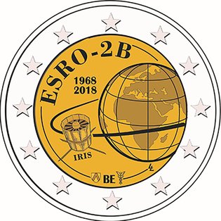 2 Euro Sondermünze aus Belgien uit 2018 mit dem Motiv 50. Jahrestag des Abschusses des ESRO-2B-Satelliten