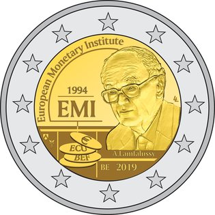 2 Euro Sondermünze aus Belgien aus 2019 mit dem Motiv 25 Jahre Europäisches Währungsinstitut (EWI)