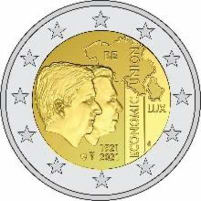 2 Euromünze aus Belgien mit dem Motiv 100 Jahre Belgisch-Luxemburgische Wirtschaftsunion