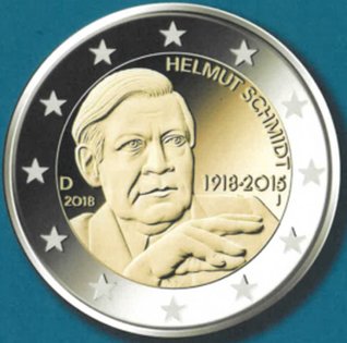 2 Euro Sondermünze aus Deutschland mit dem Motiv 100. Geburtstag von Helmut Schmidt