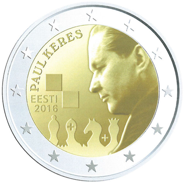 2 Euromünze aus Estland mit dem Motiv 100. Geburtstag des Schachgroßmeisters Paul Keres
