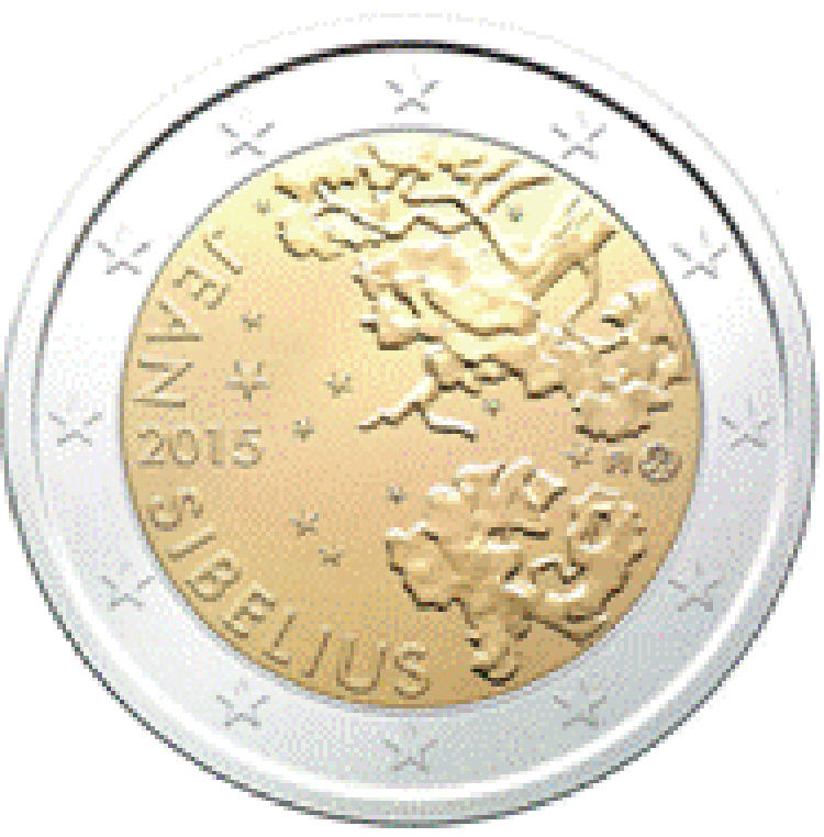 2 Euromünze aus Finnland mit dem Motiv 150. Geburtstag des Komponisten Jean Sibelius