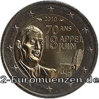  2 Euromünze aus Frankreich mit dem Motiv 70. Jahrestag des Appell des 18. Juni von de Gaulle