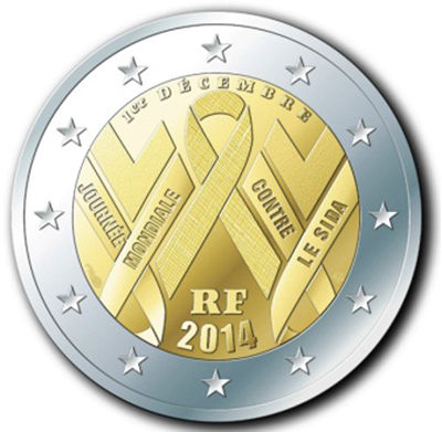 2 Euromünze aus Frankreich mit dem Motiv Welt-AIDS-Tag