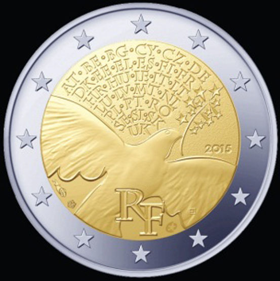 2 Euromünze aus Frankreich mit dem Motiv 70 Jahre Frieden und Sicherheit in Europa
