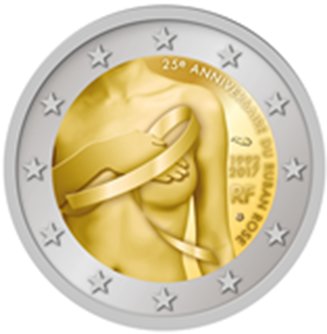 2 Euro Sondermünze aus Frankreich mit dem Motiv 25. Jahrestag der Rosa Schleife
