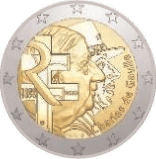 2 Euro Sondermünze aus Frankreich aus 2020 mit dem Motiv Charles de Gaulle