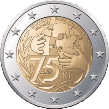 2 Euromünze aus Frankreich mit dem Motiv 75 Jahre UNICEF