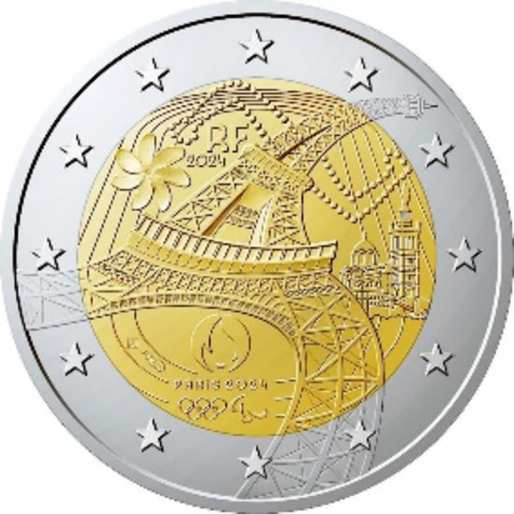 2 Euro Sondermünze aus Frankreich aus 2024 mit dem Motiv Olympische und Paralympische Spiele 2024 – Eiffelturm