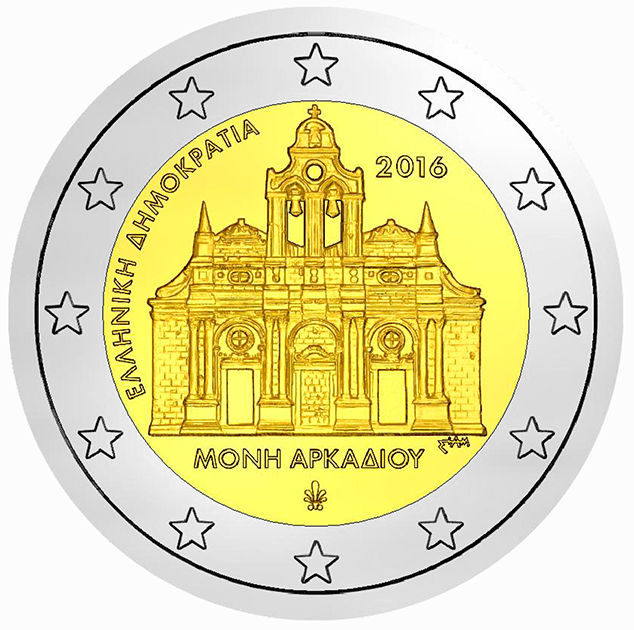 2 Euro Sondermünze aus Griechenland aus 2016 mit dem Motiv 150. Jahrestag des Falls des Arkadi-Klosters