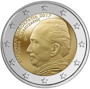 2 Euro Sondermünze aus Griechenland mit dem Motiv 60 Jahre des Gedenkens an Nikos Kazantzakis