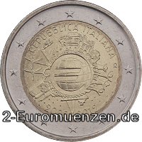 2 Euromünze aus Italien mit dem Motiv 10 Jahre Euro Bargeld
