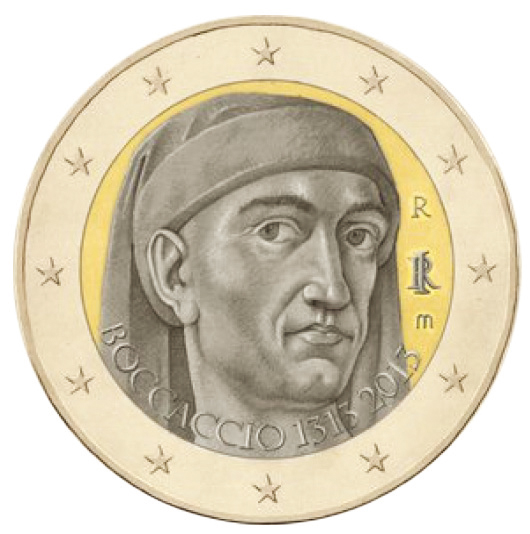 2 Euromünze aus Italien mit dem Motiv 700. Geburtstag von Giovanni Boccaccio