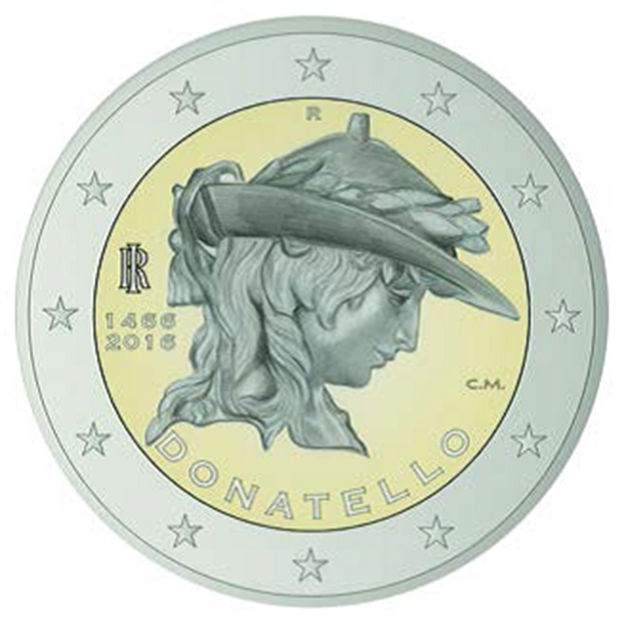 2 Euro Sondermünze aus Italien mit dem Motiv 550. Todestag Donatellos