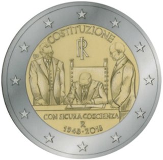 2 Euro Sondermünze aus Italien mit dem Motiv 70 Jahre Verfassung