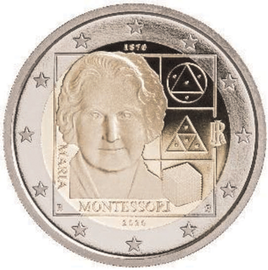 2 Euro Sondermünze aus Italien aus 2020 mit dem Motiv 150. Geburtstag von Maria Montessori