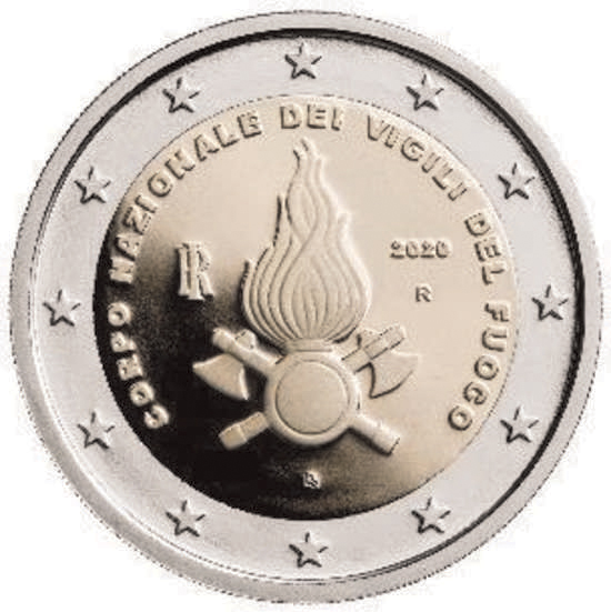 2 Euro Sondermünze aus Italien aus 2020 mit dem Motiv 80. Jahre nationales Feuerwehrkorps