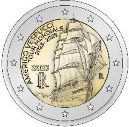 2 Euro Sonderm&uuml;nze aus Italien aus 2025 mit dem Motiv Welttournee Amerigo Vespucci 2023-2025