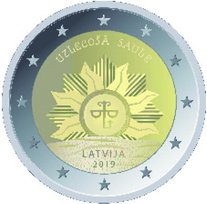2 Euro Sondermünze aus Lettland uit 2019 mit dem Motiv Aufgehende Sonne - Wappen