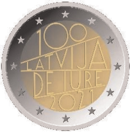 2 Euromünze aus Lettland mit dem Motiv 100. Jahrestag der völkerrechtlichen Anerkennung Lettlands