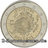 2 Euromünze aus Luxemburg mit dem Motiv 10 Jahre Euro Bargeld