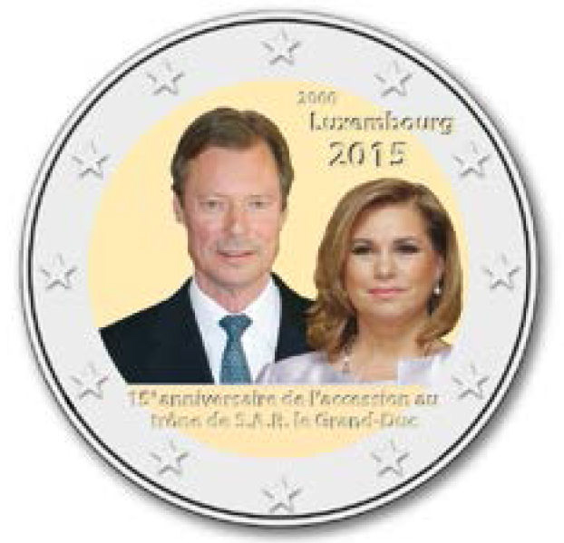 2 Euromünze aus Luxemburg mit dem Motiv 15. Jahrestag der Thronbesteigung Seiner Königlichen Hoheit des Großherzogs