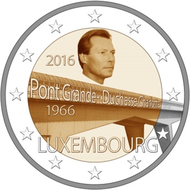 2 Euro Sondermünze aus Luxemburg mit dem Motiv 50-jähriges Bestehen der Großherzogin-Charlotte-Brücke