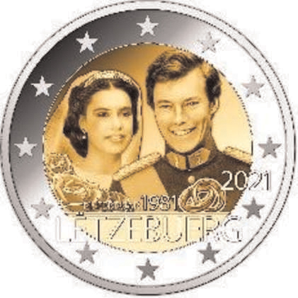 2 Euromünze aus Luxemburg mit dem Motiv 40. Hochzeitstag Großherzog von Henri