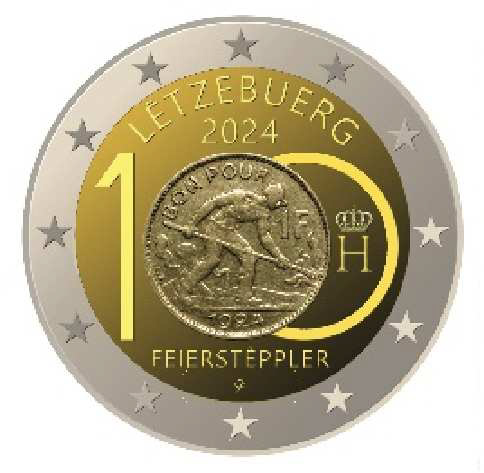 2 Euro Sondermünze aus Luxemburg aus 2024 mit dem Motiv 100. Jahre Feierstëppler