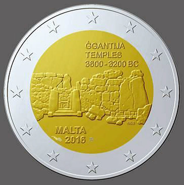 2 Euro Sondermünze aus Malta mit dem Motiv Ġgantija-Tempel