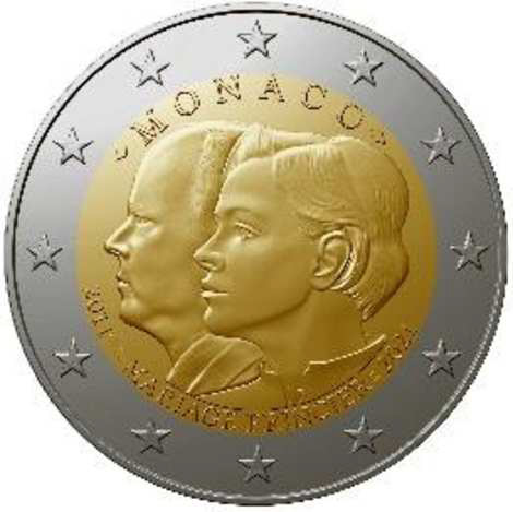 2 Euro Sondermünze aus Monaco aus 2021 mit dem Motiv 10. Hochzeitstag von Prinz Albert II und Prinzessin Charlene