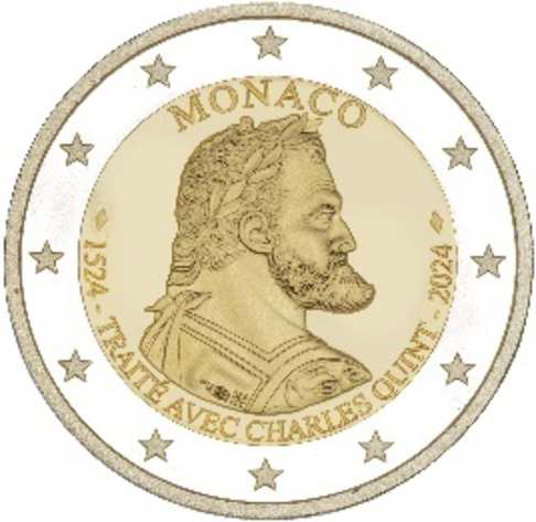 2 Euro Sondermünze aus Monaco aus 2024 mit dem Motiv 500 Jahre Vertrag mit Karl V