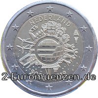 2 Euromünze aus den Niederlanden mit dem Motiv 10 Jahre Euro Bargeld