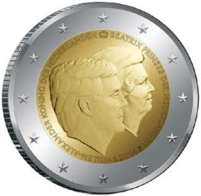 2 Euromünze aus den Niederlanden mit dem Motiv Doppelporträt: König Willem-Alexander und Prinzessin Beatrix