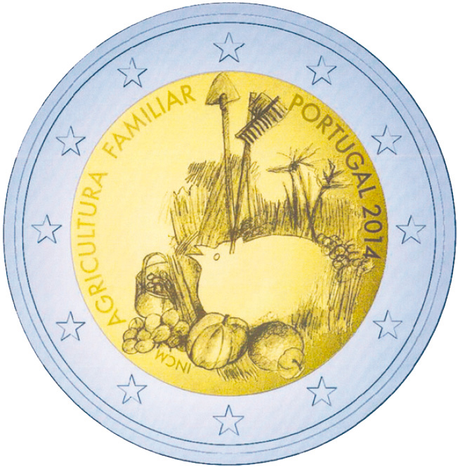 2 Euromünze aus Portugal mit dem Motiv internationales Jahr der familienbetriebenen Landwirtschaft