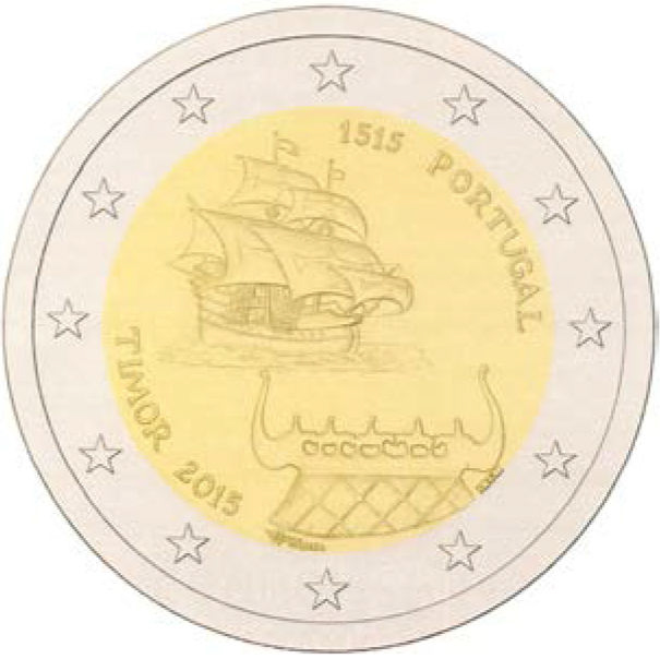 2 Euromünze aus Portugal mit dem Motiv Erste Kontakte Portugals mit Timor vor 500 Jahren