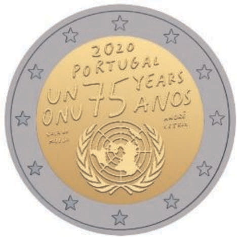 2 Euro Sondermünze aus Portugal aus 2020 mit dem Motiv 75. Jahrestag der Vereinten Nationen