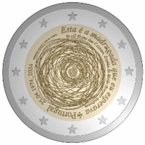 2 Euro Sondermünze aus Portugal aus 2024 mit dem Motiv 50. Jahrestag der Revolution vom 25. April 1974